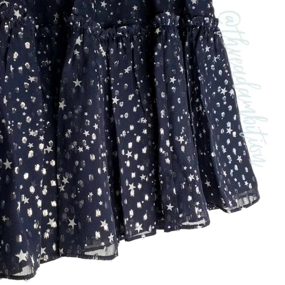 Kate Spade Night Sky Navy Silver Star Ruffle Tiered Silk Mini Skirt NWT Sz 10